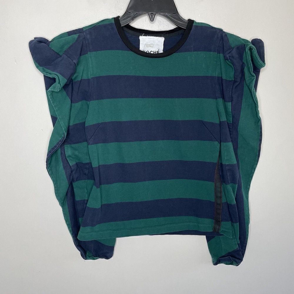 KOCHE Womens Navy-Green Wide Stripe Pullover Top Sz 2 FR: 36 Ruffle Trim Cotton